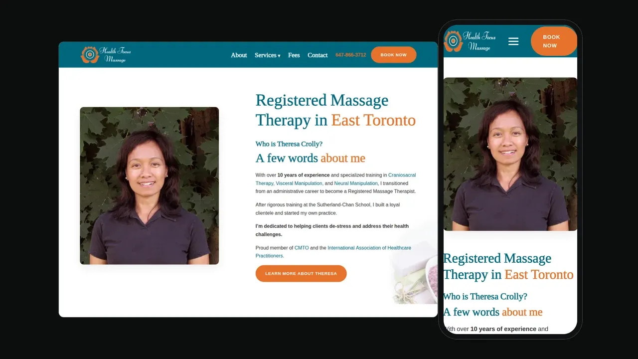 El sitio web de Health Focus Massage mostrado en una laptop y teléfono: el titular 'Registered Massage Therapy in East Toronto' junto a una foto de la terapeuta Theresa Crolly y un botón naranja de Reservar Ahora.
