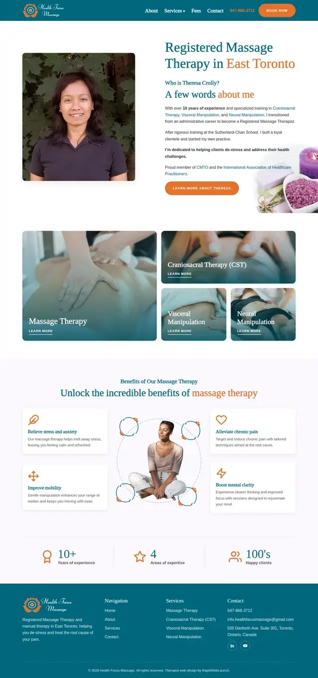 Página de inicio de Health Focus Massage presentando a la Terapeuta de Masaje Registrada Theresa Crolly, mosaicos de fotos para masajes, terapias cráneosacral, visceral y neural, y una sección de beneficios sobre el estrés, el dolor y la movilidad.