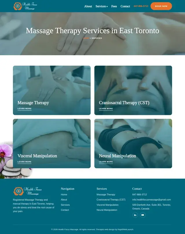 Página de servicios de Health Focus Massage titulada 'Servicios de Terapia de Masaje en East Toronto' con cuatro tarjetas de foto para Terapia de Masaje, Terapia Cráneosacral, Manipulación Visceral y Manipulación Neural.