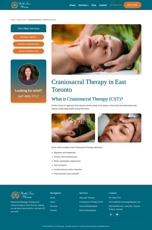 Página de servicio de Health Focus Massage para Terapia Cráneosacral en East Toronto, describiendo el enfoque suave y manual y las condiciones que aborda, como migrañas y dolor crónico de cuello y espalda.