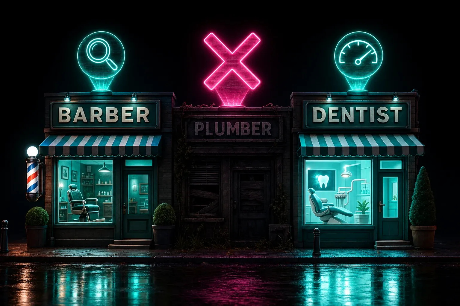 Illustrated night street of three small-business storefronts under audit: a glowing barber shop with a magnifying glass hologram, a dentist with a speed gauge, and between them a dark plumber shop with no website under a pink X