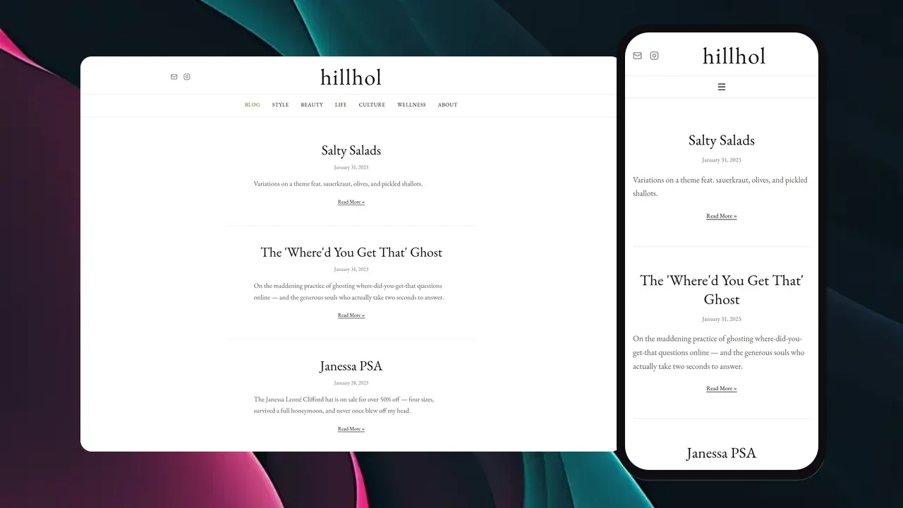 El sitio web de HillHol mostrado en una laptop y teléfono: un feed de blog minimalista con serifas con publicaciones como 'Ensaladas Saladas' y '¿De Dónde Sacaste Ese Fantasma?' bajo los menús de estilo, belleza y cultura.