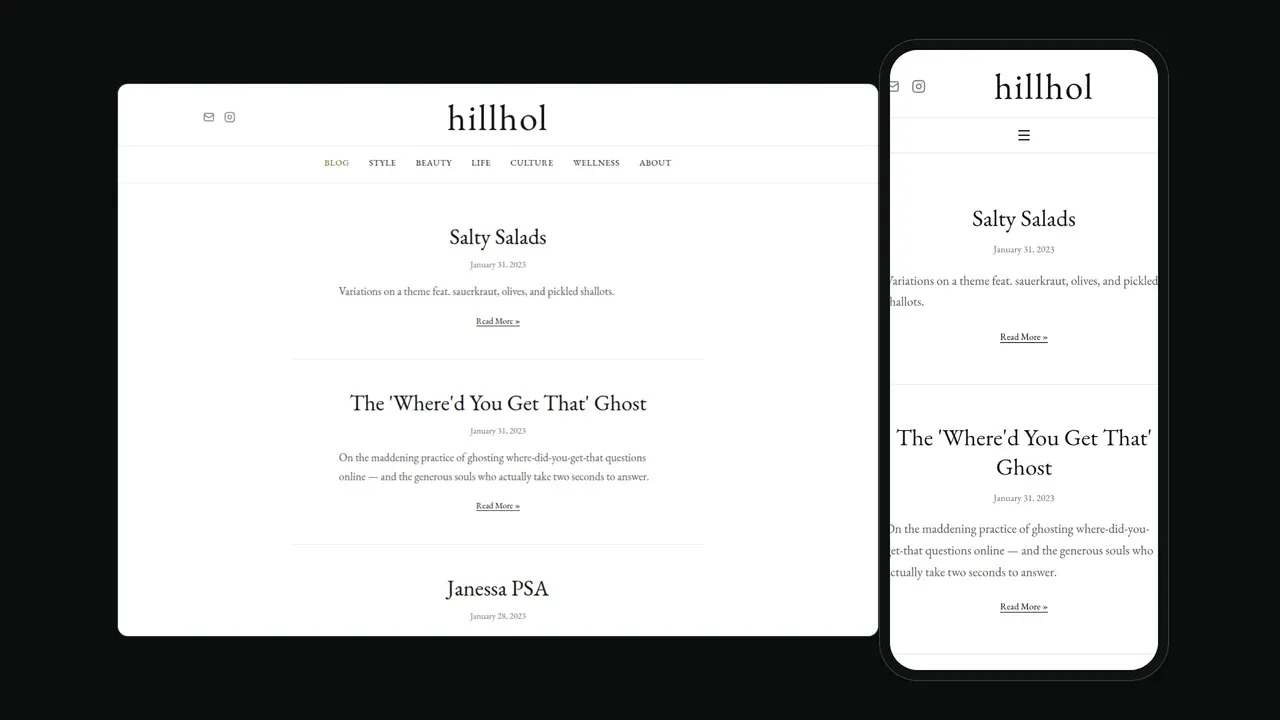 The HillHol website shown on a laptop and phone: a minimal serif blog feed with posts like 'Salty Salads' and 'The Where'd You Get That Ghost' under style, beauty, and culture menus.