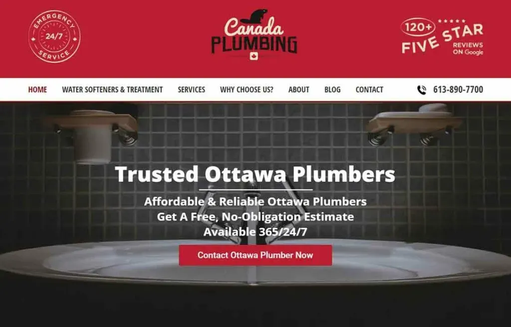 The image shows a section of a plumbing service website with a red header featuring the company logo "Canada Plumbing" and a phone number; below, it highlights "Trusted Ottawa Plumbers" with a call-to-action button labeled "Contact Ottawa Plumber Now" against a background of two sink basins.