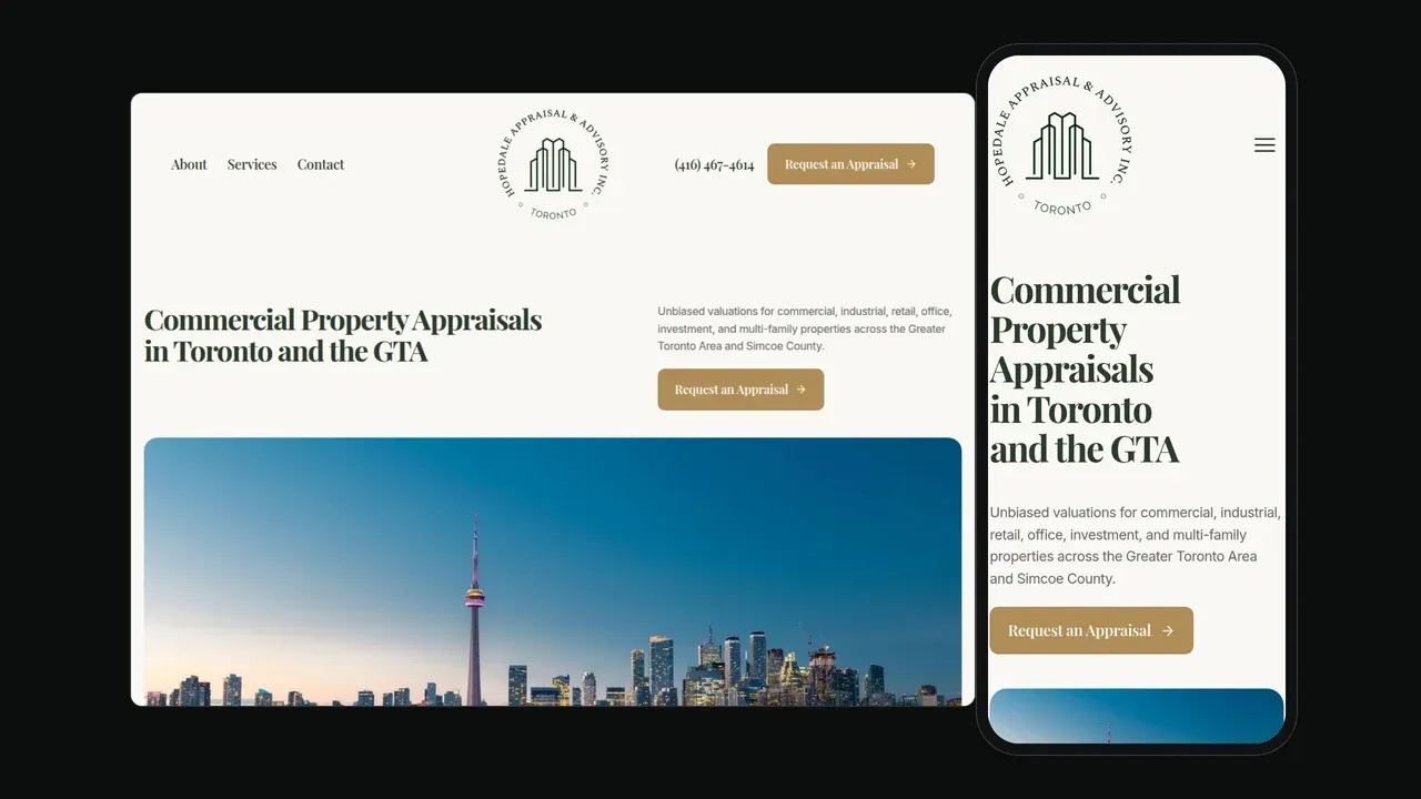 The Hopedale Appraisals website shown on a laptop and phone: the headline Commercial Property Appraisals in Toronto and the GTA above a photo of the Toronto skyline with the CN Tower and a gold Request an Appraisal button.