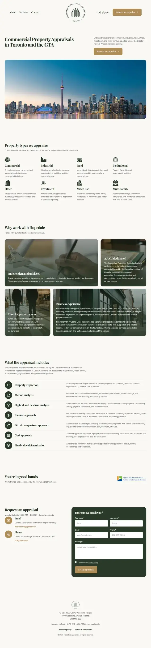 Hopedale Appraisals homepage with a Toronto skyline photo, a grid of eight commercial property types the firm appraises, and sections explaining the A.A.C.I designation and what each appraisal includes.