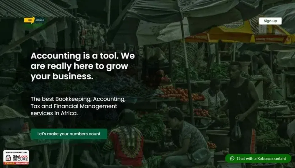 A vibrant market scene showcases various stalls with fresh produce and textiles, featuring a prominent overlay message emphasizing bookkeeping and financial management services in Africa.