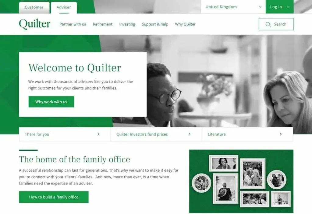 The Quilter advisor webpage features a green and white design with navigation menus and sections highlighting services for clients, such as family office consultations, along with images depicting diverse professionals and family-oriented photographs.