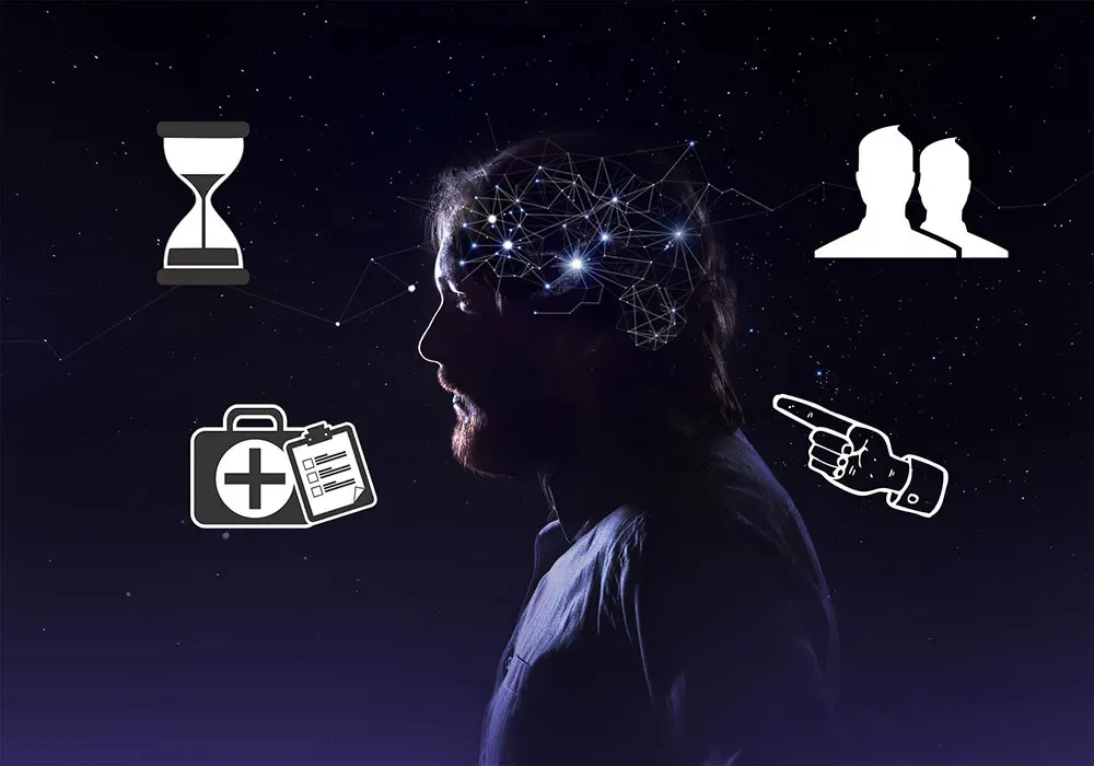 Perfil de un hombre con un cerebro de red brillante rodeado por íconos de reloj de arena, médico, personas y mano apuntando