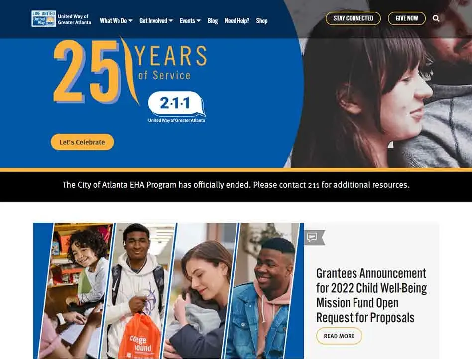 Image of a webpage celebrating 25 years of service by the United Way of Greater Atlanta, featuring a blue and orange header with the text "25 Years of Service 2-1-1" and images of diverse individuals engaged in community activities.