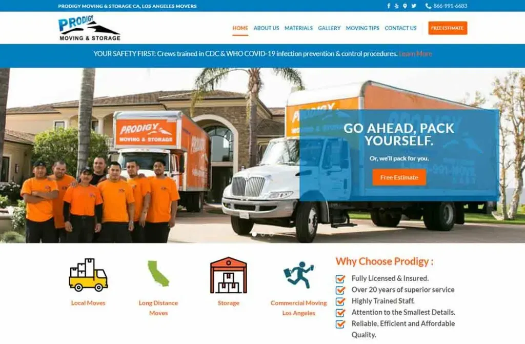 A team of movers wearing orange uniforms stands next to a large white and orange moving truck in front of a suburban house, representing Prodigy Moving & Storage services in Los Angeles, specializing in local and long-distance moves.