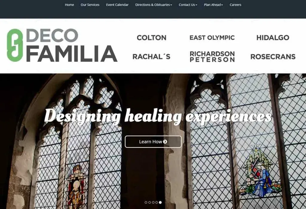 A church interior features large stained glass windows with intricate designs, set above a website banner for "Deco Familia" with navigation options and a tagline promoting healing experiences.