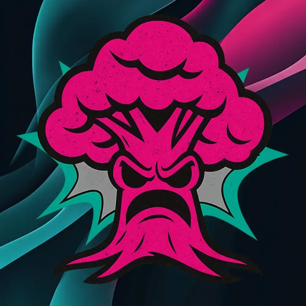 La imagen presenta un personaje de brócoli estilizado y caricaturesco en tonos vibrantes de rosa y turquesa con una expresión enojada, ambientado contra un fondo oscuro y abstracto, destacando el diseño único y colorido.