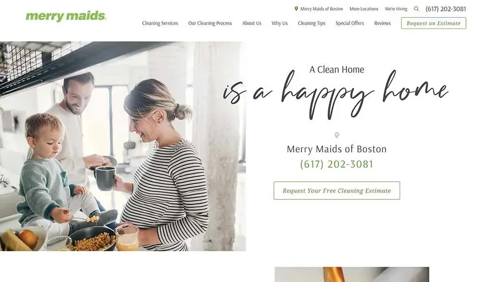A family enjoys breakfast in a bright kitchen, with modern decor and a toddler in a high chair next to a woman pouring cereal; a website header and contact information for a cleaning service are visible above.