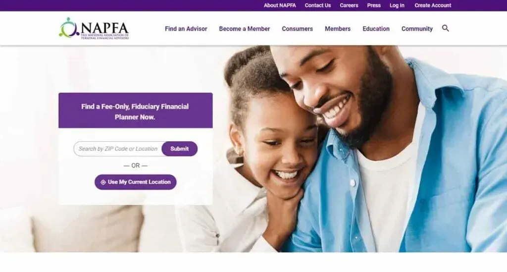 A happy father and daughter sit together on a couch, focused on a laptop screen, with a website offering fiduciary financial planning services prominently displayed on the screen.