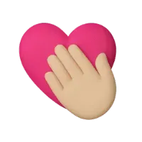 A hand placed on a pink heart, symbolizing love or care.