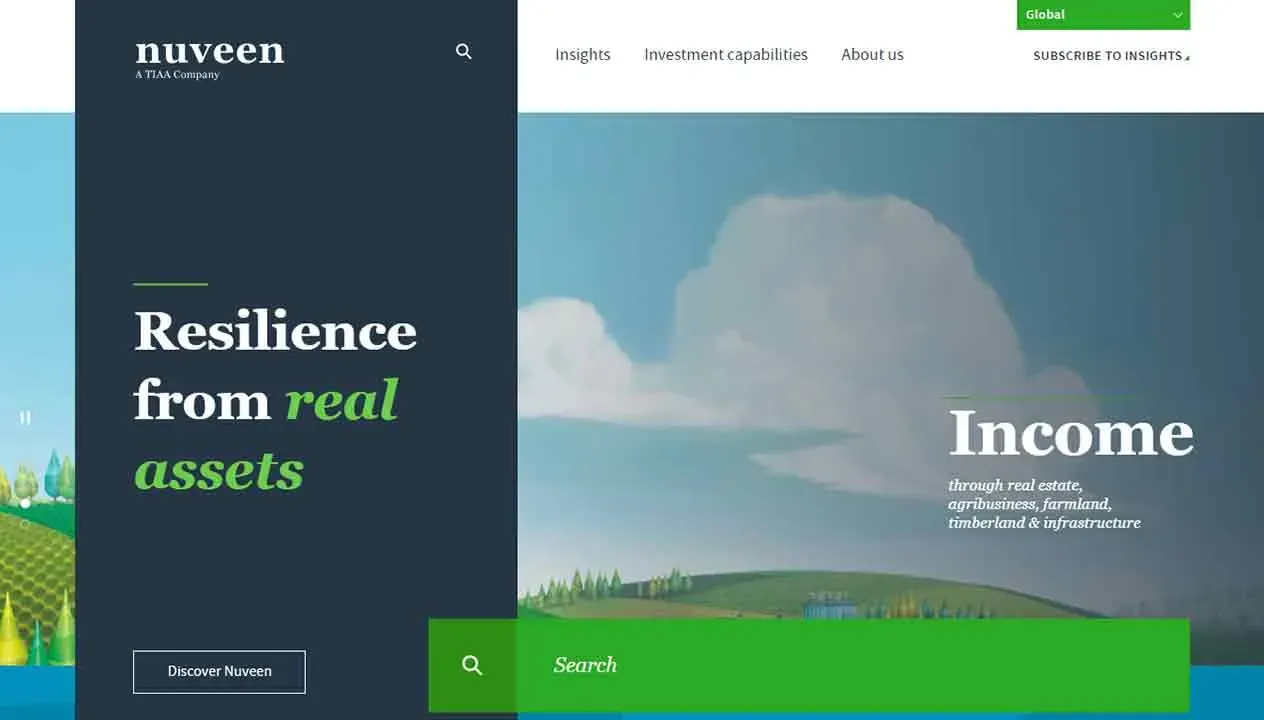 A website homepage features a header with the company name "Nuveen," along with navigation links and search bar on a clean, professional layout; a landscape image and text emphasize resilience and income from real assets like agriculture and infrastructure.