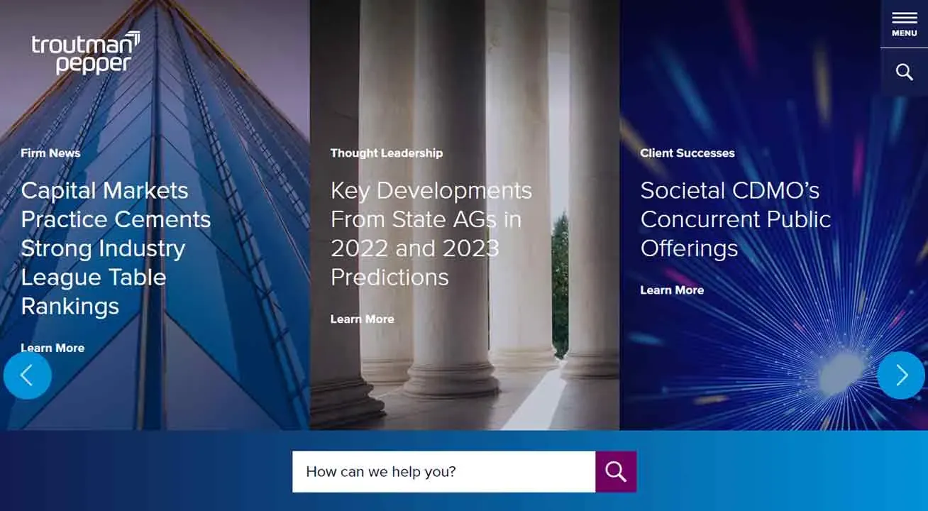 The image shows a website homepage featuring three different sections with titles: "Capital Markets Practice Cements Strong Industry League Table Rankings," "Key Developments From State AGs in 2022 and 2023 Predictions," and "Societal CDMO’s Concurrent Public Offerings," each with a "Learn More" link, set against backgrounds of a skyscraper, classical columns, and abstract graphics.
