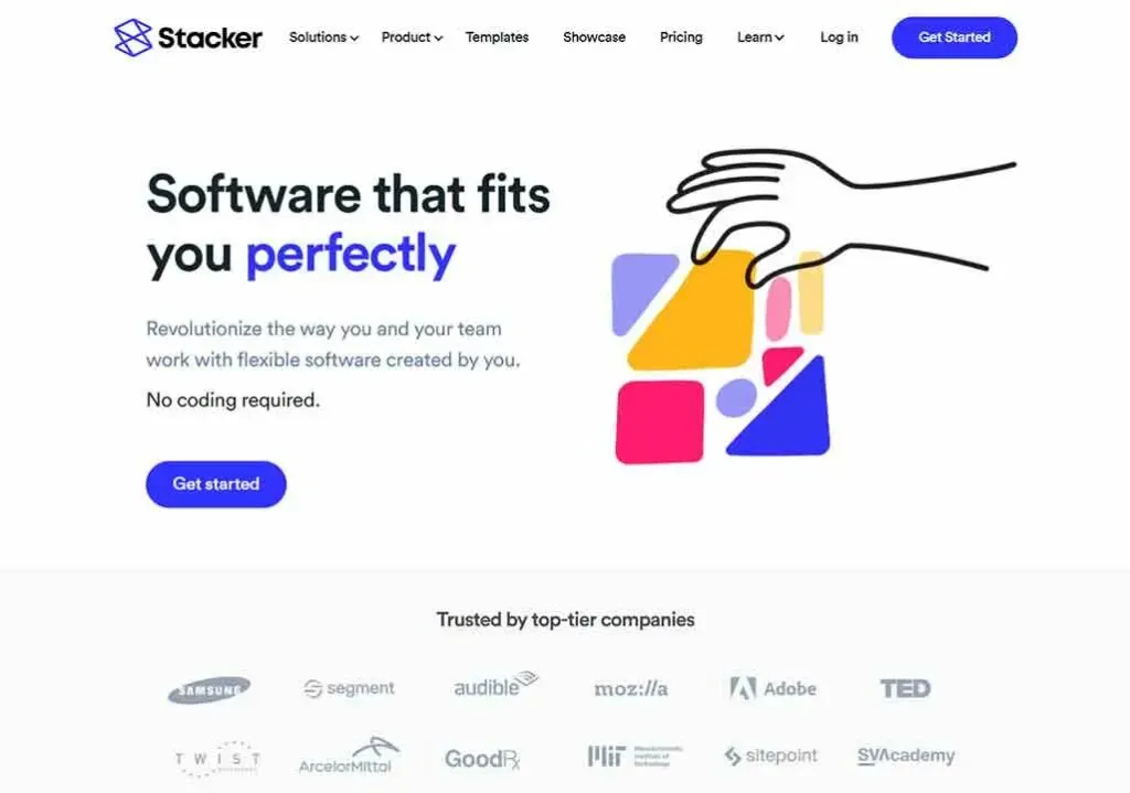A website landing page displays an abstract hand reaching towards colorful geometric shapes, accompanied by text promoting flexible software solutions, with a call-to-action button labeled "Get started" and logos of trusted companies below.