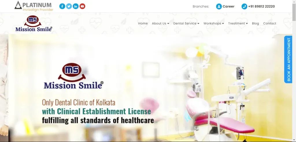A brightly lit dental clinic interior showcases modern dental equipment, including a dental chair, with the clinic's branding "Mission Smile" prominently displayed, emphasizing its clinical establishment license and healthcare standards.