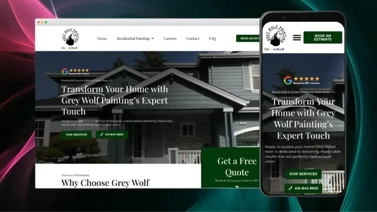 A modern website showcasing Grey Wolf Painting features a user-friendly interface with a prominent image of a stylishly painted house, offering navigation options like services, a blog, and a contact page, optimized for both desktop and mobile views.