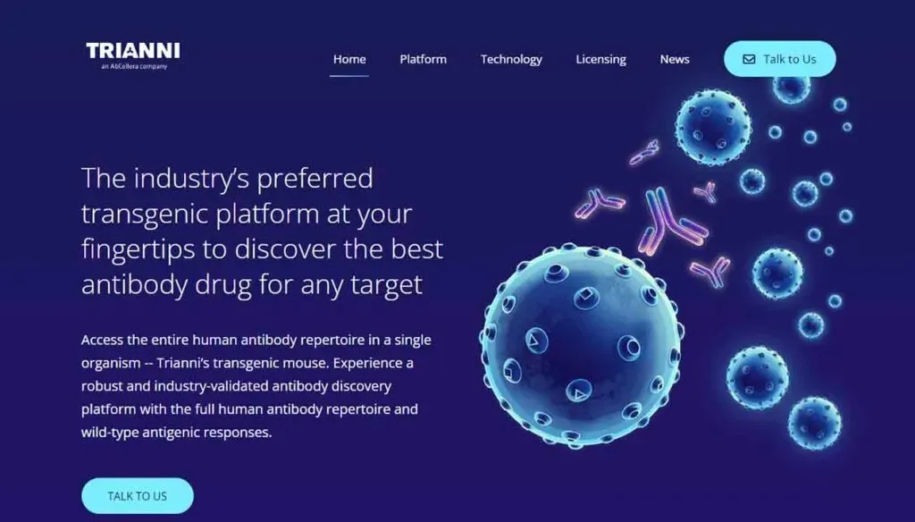 The image displays a webpage for Trianni, showcasing a transgenic platform for antibody drug discovery, featuring a digital rendering of antibodies and cells against a dark blue background with options labeled "Home," "Platform," "Technology," "Licensing," "News," and "Talk to Us," highlighting keywords such as "antibody," "discovery," and "transgenic."