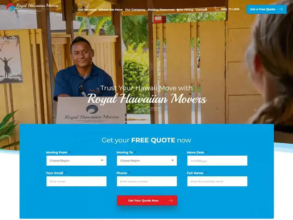A smiling man sits at a desk under a wooden pergola, promoting Royal Hawaiian Movers, with a form for a free moving quote prominently displayed on a blue-themed website banner.
