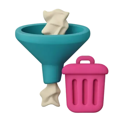 A blue funnel with crumpled star shapes is depicted next to a pink trash bin, symbolizing filtration and waste disposal concepts.