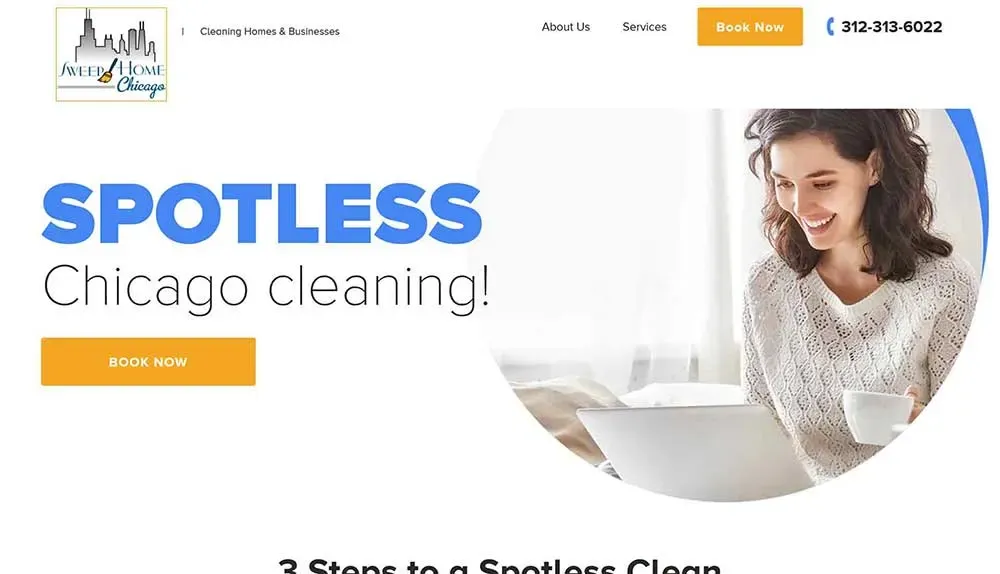 The image features a cheerful woman with short, dark hair sitting comfortably on a couch, using a laptop, with text highlighting a cleaning service in Chicago, offering seamless booking options, accompanied by branding elements and contact information.