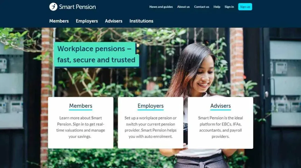 A woman stands in front of a website interface for "Smart Pension," showcasing options for Members, Employers, and Advisers with a banner promoting "Workplace pensions, fast, secure and trusted."
