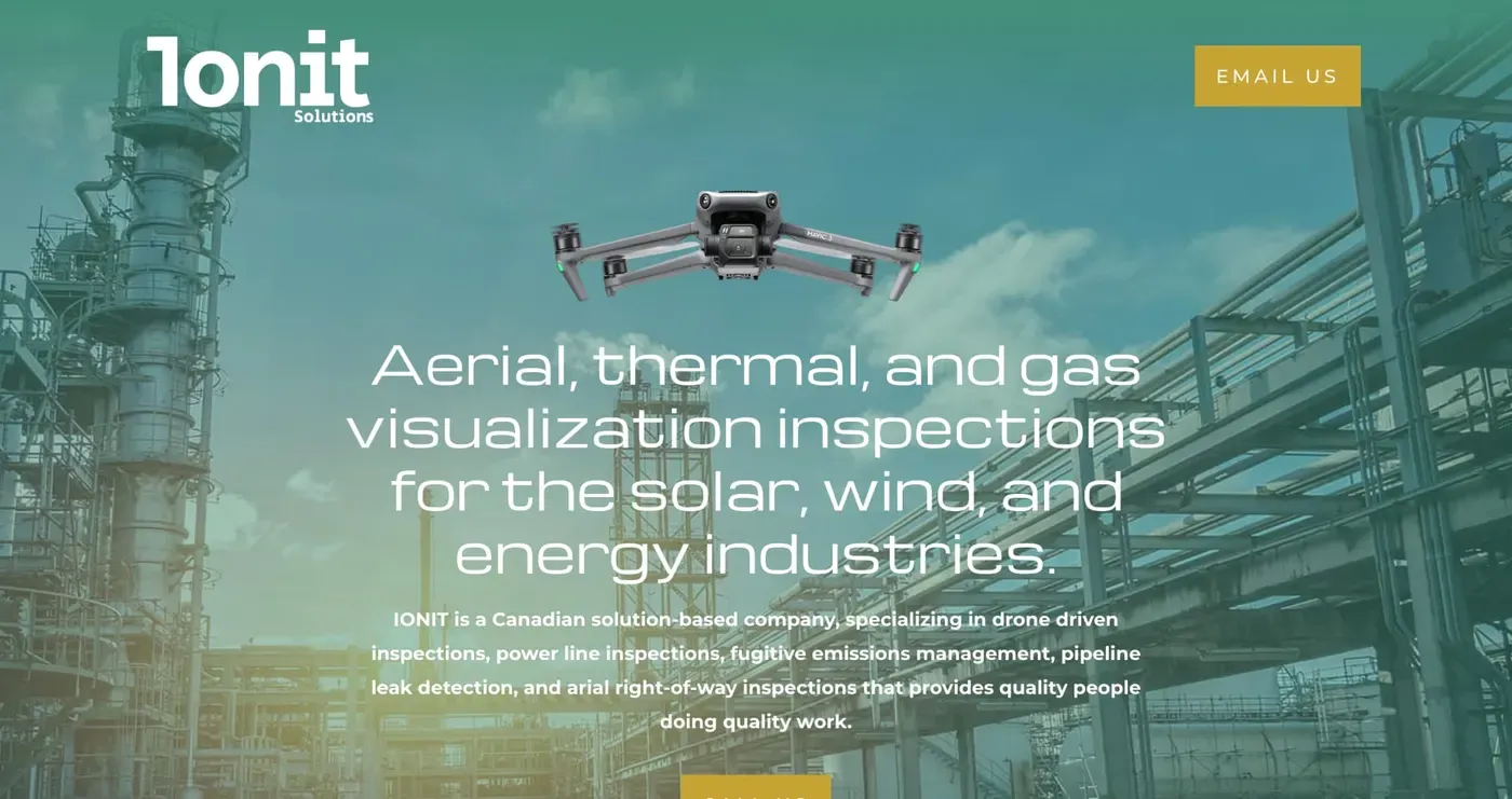 A drone hovers in front of an industrial site, promoting inspection services for the solar, wind, and energy industries, with a focus on aerial, thermal, and gas visualization techniques.