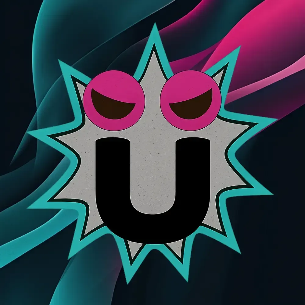 A stylized graphic features a bold, uppercase letter "U" with a starburst outline, set against a dark background accented by flowing teal and magenta ribbons, conveying a modern and dynamic design.