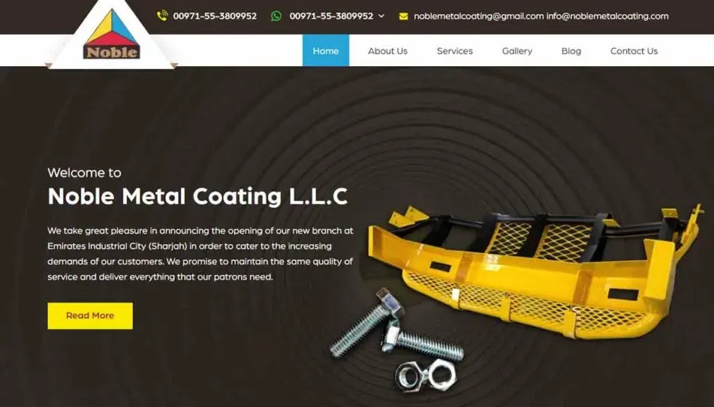 Welcome image for Noble Metal Coating L.L.C. featuring their logo, contact information, a yellow metal part with screws, and text announcing the opening of a new branch at Emirates Industrial City.