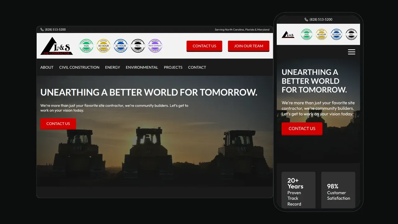 The Lawing & Son website shown on a laptop and phone: a dark hero reading 'Unearthing a better world for tomorrow' over bulldozers silhouetted at dusk.