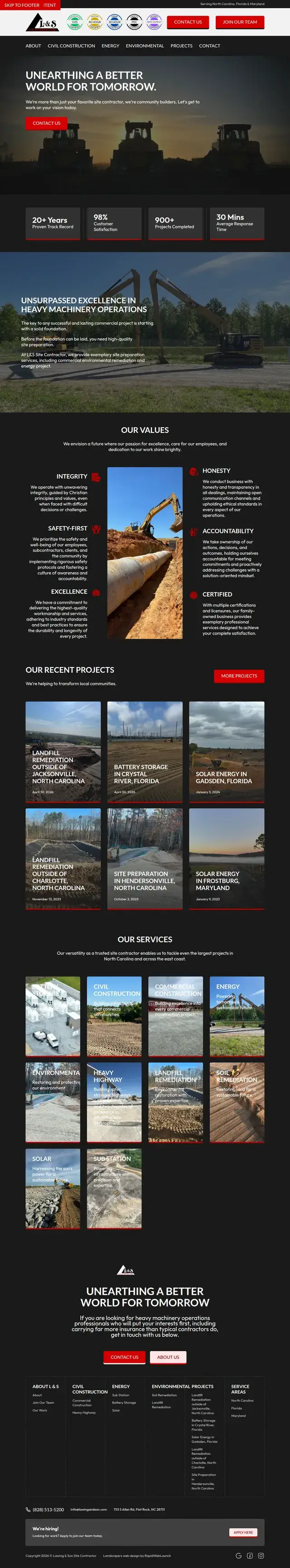 Full Lawing & Son homepage: dusk hero, company stats, core values, recent projects and a grid of civil, energy and environmental services.