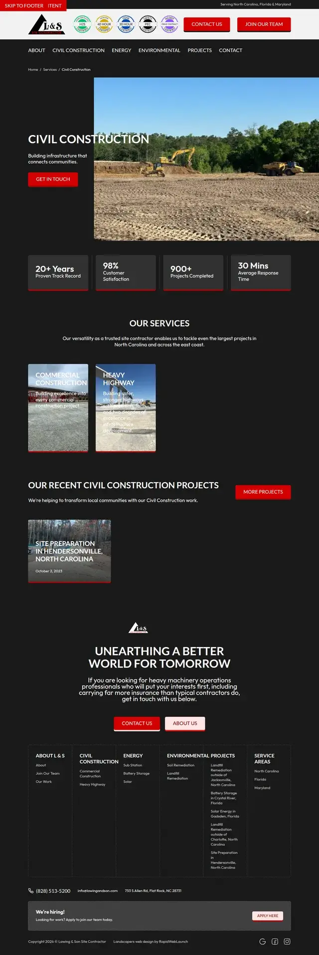 Civil Construction service page with excavators grading a cleared site, commercial and heavy highway sub-services, and a recent project.