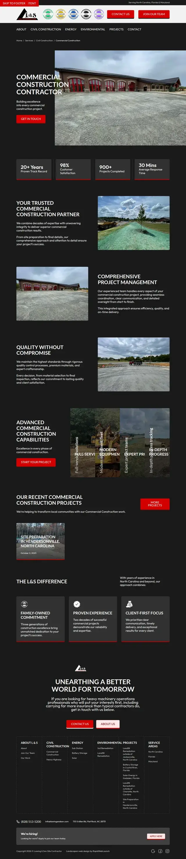 Commercial Construction Contractor page covering project management, quality standards, capabilities and the L&S difference.