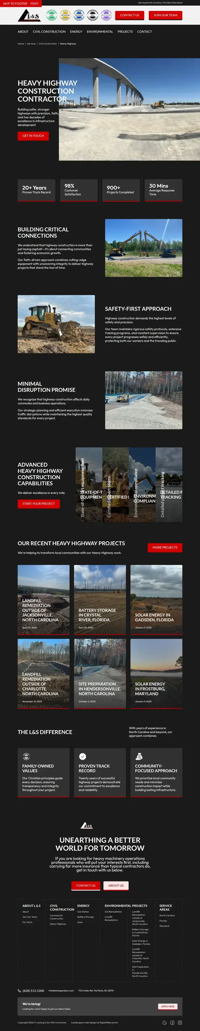 Heavy Highway Construction Contractor page with a highway overpass hero, safety-first approach and recent highway projects.
