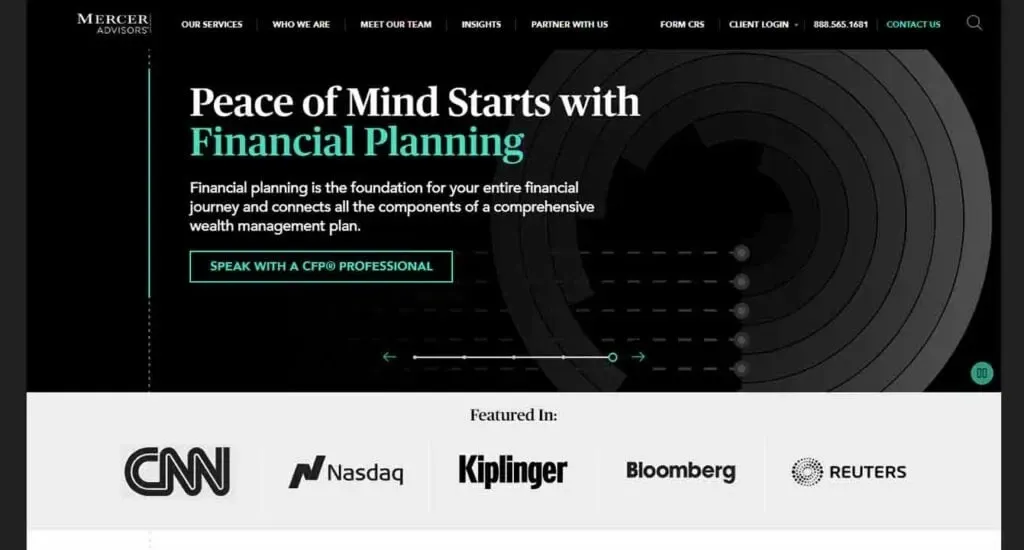 A homepage for a financial planning website featuring a headline "Peace of Mind Starts with Financial Planning" with a call-to-action button to speak with a CFP® professional, set against a sleek dark background, and showcasing logos of media outlets like CNN, Nasdaq, Kiplinger, Bloomberg, and Reuters.