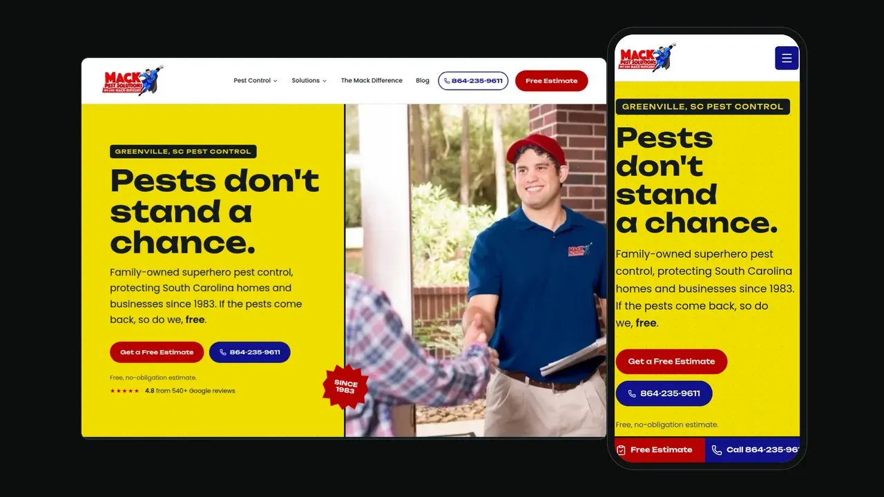 El sitio web de Mack Pest Solutions mostrado en una laptop y un teléfono: un hero audaz amarillo que dice Las plagas no tienen oportunidad junto a una foto de un técnico uniformado saludando a un propietario en la puerta de su casa.
