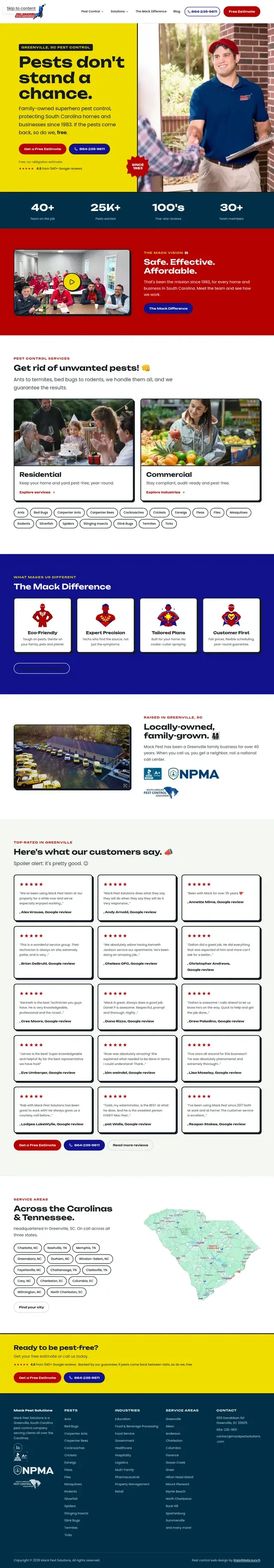 Página de inicio de Mack Pest Solutions con el titular Las plagas no tienen oportunidad, contadores de estadísticas, tarjetas de servicio residencial y comercial, cuadrícula de características La Diferencia Mack, y un muro de reseñas de Google.