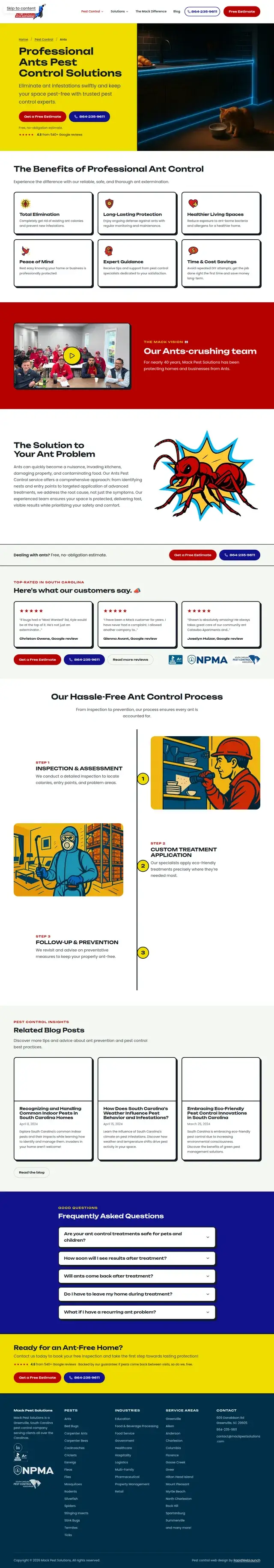 Página de servicio de control de hormigas de Mack Pest Solutions que enumera beneficios como eliminación total y protección duradera, además de un proceso ilustrado de inspección, tratamiento y prevención en tres pasos.