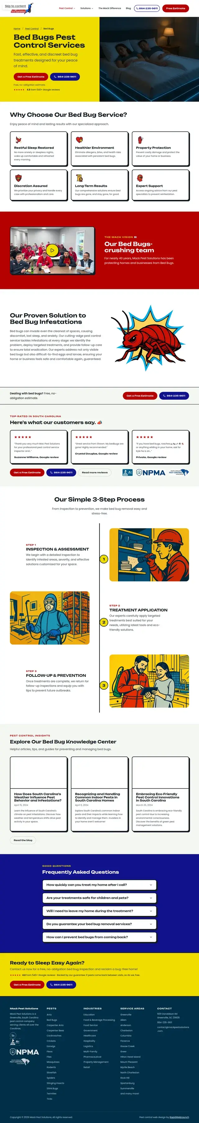 Página de servicio de chinches de Mack Pest Solutions que promete un sueño reparador y un tratamiento discreto, con reseñas de clientes y un proceso ilustrado de eliminación en tres pasos.