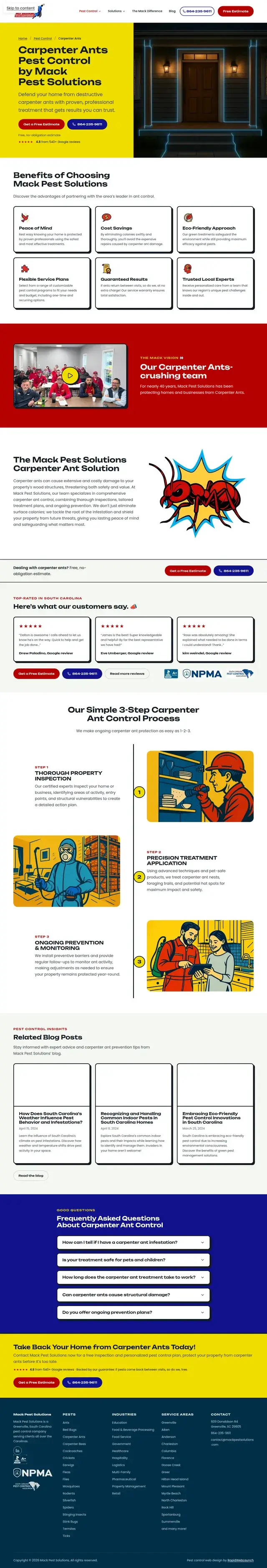 Página de control de hormigas carpinteras de Mack Pest Solutions con un hero amarillo, tarjetas de beneficios como resultados garantizados y enfoque ecológico, y un proceso de inspección y prevención en tres pasos.