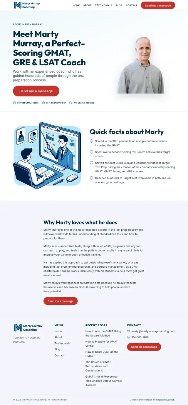 Página sobre de Marty Murray Coaching presentando a Marty con su foto, datos rápidos como una puntuación en el percentil 99 y su papel en el currículo de Target Test Prep, y una sección de Por qué a Marty le encanta lo que hace.