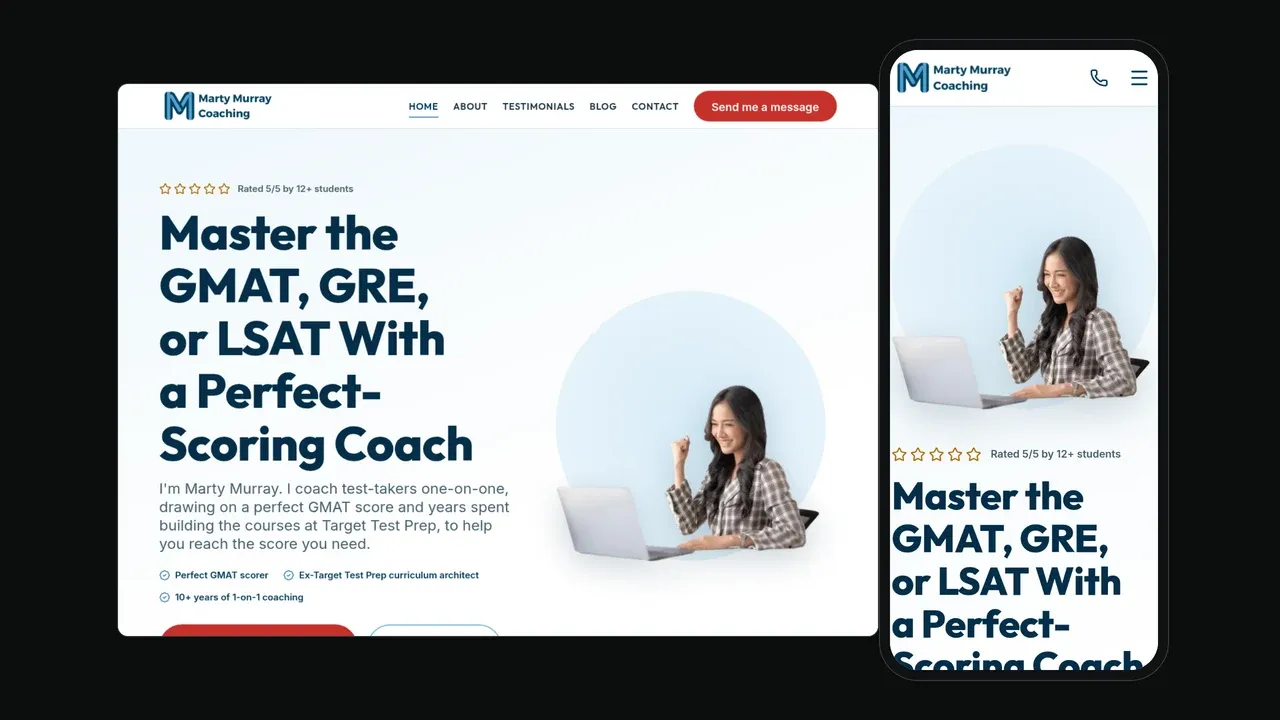 The Marty Murray Coaching website shown on a laptop and phone: the headline Master the GMAT, GRE, or LSAT With a Perfect-Scoring Coach next to a photo of a smiling student celebrating at a laptop.