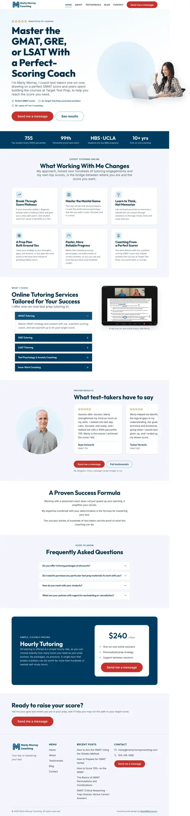 Página de inicio de Marty Murray Coaching con el titular Domine el GMAT, GRE o LSAT con un entrenador con puntuación perfecta, una barra de estadísticas de puntuación máxima de 755, acordeones de servicios de tutoría, testimonios de estudiantes y un precio de $240 por hora.