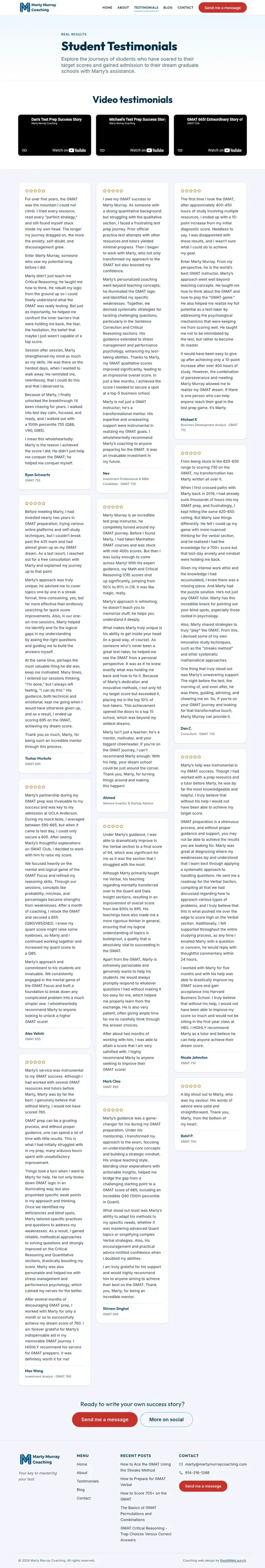 Página de testimonios de Marty Murray Coaching con una fila de testimonios en video y tres columnas de reseñas escritas detalladas de estudiantes reportando puntuaciones de GMAT como 750 y 695.