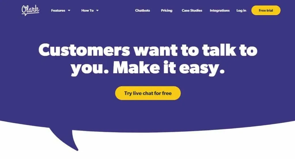 A blue speech bubble graphic with white text reads, "Customers want to talk to you. Make it easy," above a yellow button labeled "Try live chat for free," on a brand website homepage.