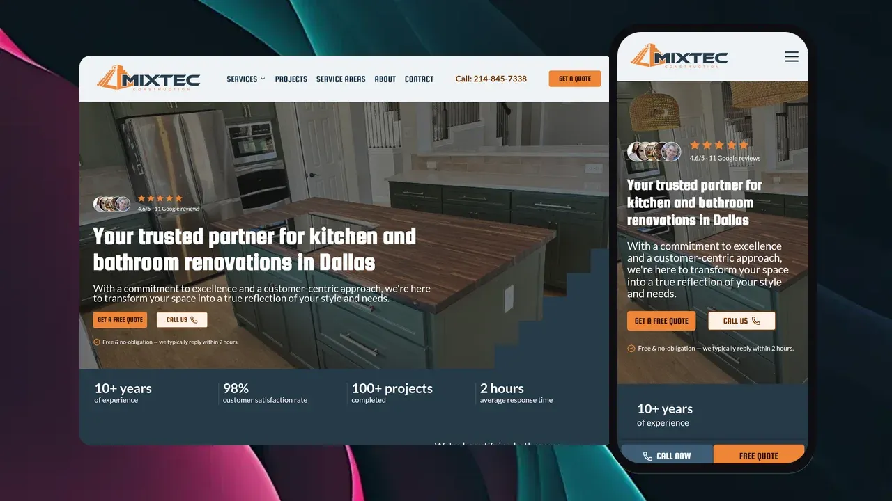 The Mixtec Construction website shown on a laptop and phone: the headline Your trusted partner for kitchen and bathroom renovations in Dallas over a photo of a remodeled kitchen with green cabinets and a butcher-block island.